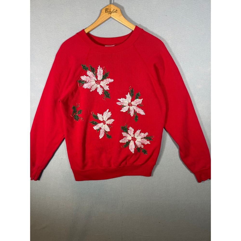 VTG 80s Pannill Hanes Red Poinsettia Hand Painted Christmas Sweatshirt Large USA